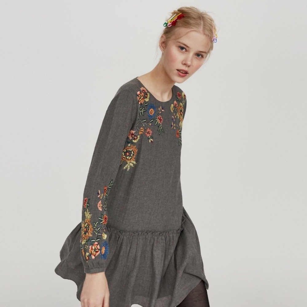 Zara Gray Dress with Floral Embroidery